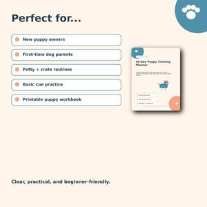 The image is a screenshot of a webpage with text and a small image of a puppy. The text is in a light blue color and is arranged in a grid format. The webpage includes a title, a list of features, and a description of the content.
