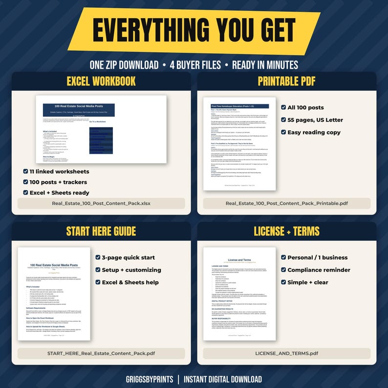 The image is a promotional material for a software package that provides a zip download, 4 buyer files, and a ready-to-use guide for the Excel Workbook and Printable PDF.