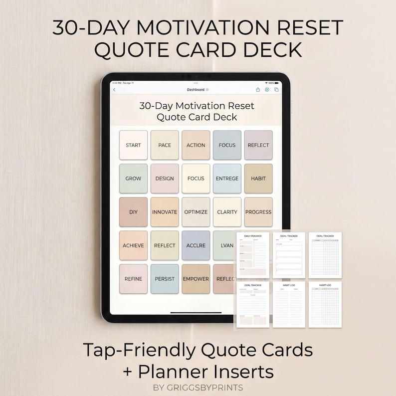 The image is an advertisement for a 30-day motivation reset quote card deck. It features a tablet displaying a quote card deck with various motivational quote cards, along with a list of planner inserts.