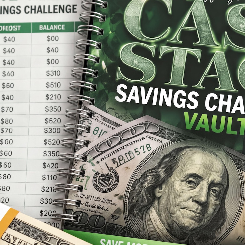a spiral-bound notebook with a list of expenses and balances, along with a close-up of a $100 bill.