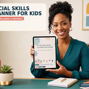 A woman is sitting at a desk, holding up a tablet displaying a social skills planner for kids. The desk is cluttered with various items, including a plant, a mug, and a notebook. The background features a colorful abstract painting.