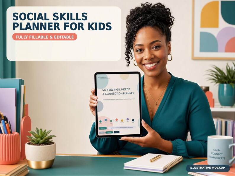A woman is sitting at a desk, holding up a tablet displaying a social skills planner for kids. The desk is cluttered with various items, including a plant, a mug, and a notebook. The background features a colorful abstract painting.