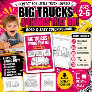 The image is a colorful advertisement for a children's coloring book called "Big Trucks & Things That Go!" featuring a young boy happily coloring a truck.
