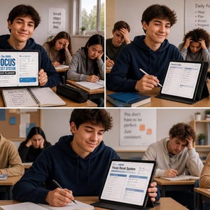 The image is a collage of four photos depicting a classroom setting with students studying.