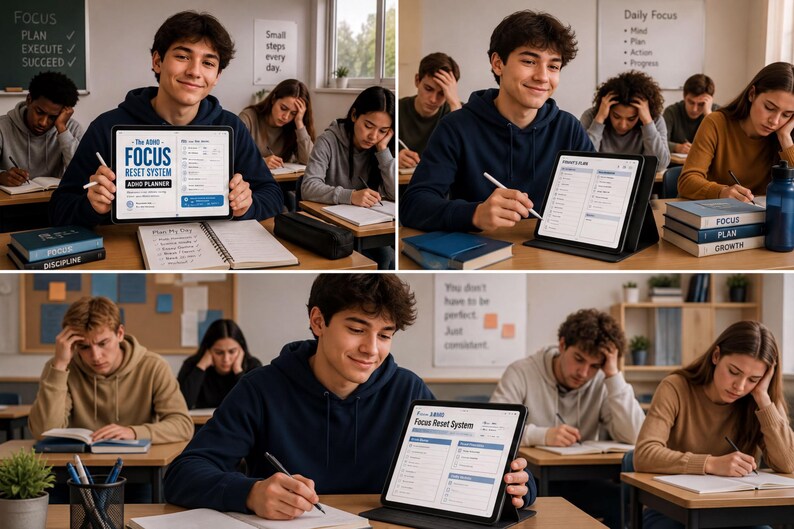 The image is a collage of four photos depicting a classroom setting with students studying.