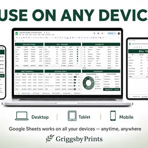 The image is an advertisement for a budget management software called Google Sheets, which is available on various devices such as desktop, tablet, and mobile. The software is designed to help users track and manage their finances, including creating budgets, tracking expenses, and generating financial reports.