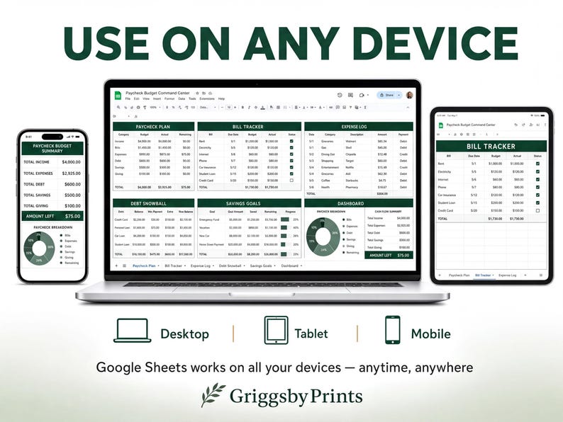 The image is an advertisement for a budget management software called Google Sheets, which is available on various devices such as desktop, tablet, and mobile. The software is designed to help users track and manage their finances, including creating budgets, tracking expenses, and generating financial reports.