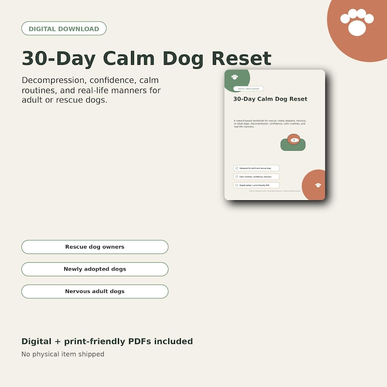 The image is a digital download of a 30-Day Calm Dog Reset guide, which includes a 30-Day Calm Dog Reset app and print-friendly PDFs. The guide is designed to help dog owners and rescue dogs decompress, build confidence, and practice real-life manners.