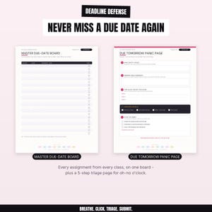 The image is a collage of two pages from a deadline defense tool, which appears to be a calendar or scheduling system. The first page is titled "Master Due-Date Board" and the second page is titled "Due Tomorrow Panic Page". Both pages feature a list of assignments and a 5-step triage page for prioritizing tasks.