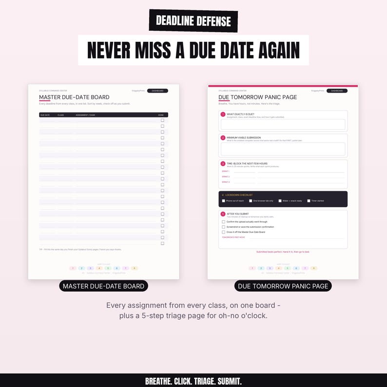 The image is a collage of two pages from a deadline defense tool, which appears to be a calendar or scheduling system. The first page is titled "Master Due-Date Board" and the second page is titled "Due Tomorrow Panic Page". Both pages feature a list of assignments and a 5-step triage page for prioritizing tasks.