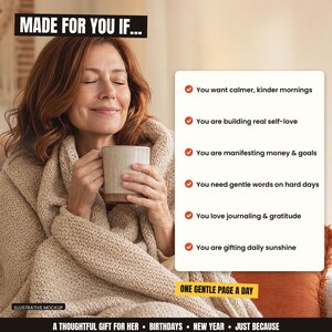 The image is a thoughtfully crafted collage featuring a woman wrapped in a cozy blanket, holding a cup of coffee, and smiling. The collage includes text that describes the woman's experiences and emotions, such as wanting calmer mornings, building real self-love, and finding joy in daily sunshine. The collage is a thoughtful gift for her, birthdays, new year, and just because, and it is designed to evoke feelings of warmth, comfort, and happiness.
