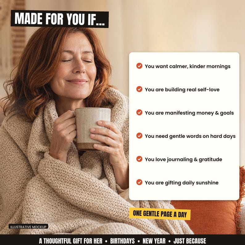 The image is a thoughtfully crafted collage featuring a woman wrapped in a cozy blanket, holding a cup of coffee, and smiling. The collage includes text that describes the woman's experiences and emotions, such as wanting calmer mornings, building real self-love, and finding joy in daily sunshine. The collage is a thoughtful gift for her, birthdays, new year, and just because, and it is designed to evoke feelings of warmth, comfort, and happiness.