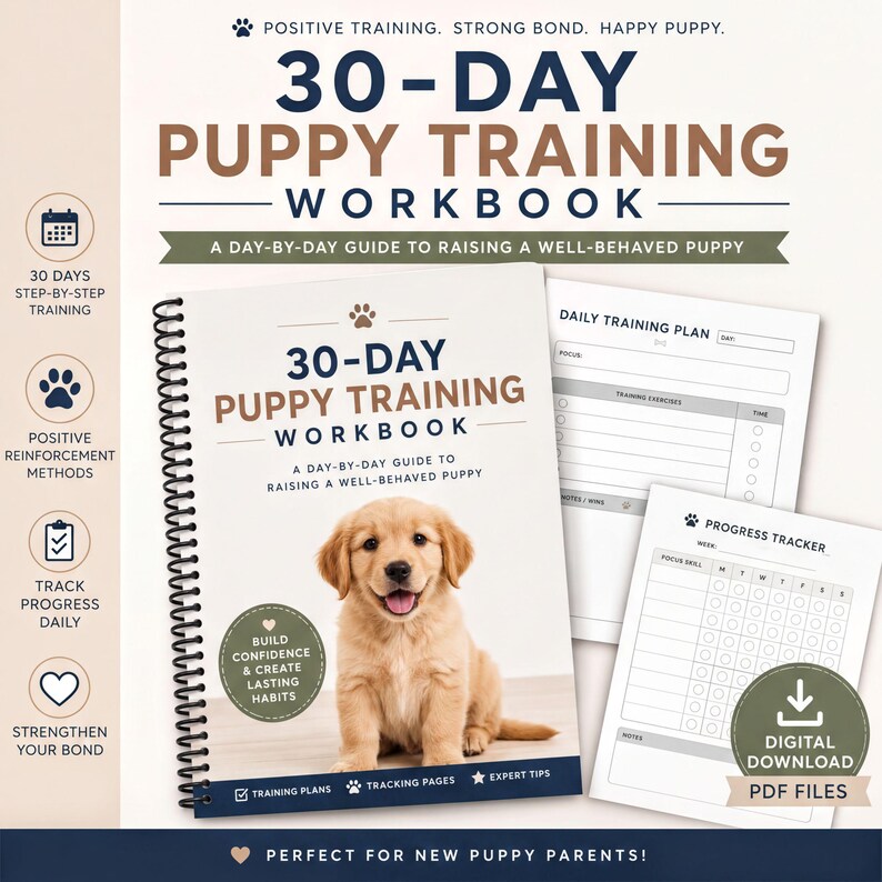 The image is an advertisement for a 30-day puppy training workbook, featuring a large image of a happy puppy and a smaller image of a dog. The workbook is designed to help new puppy parents raise well-behaved puppies, with a focus on daily training plans and progress tracking.
