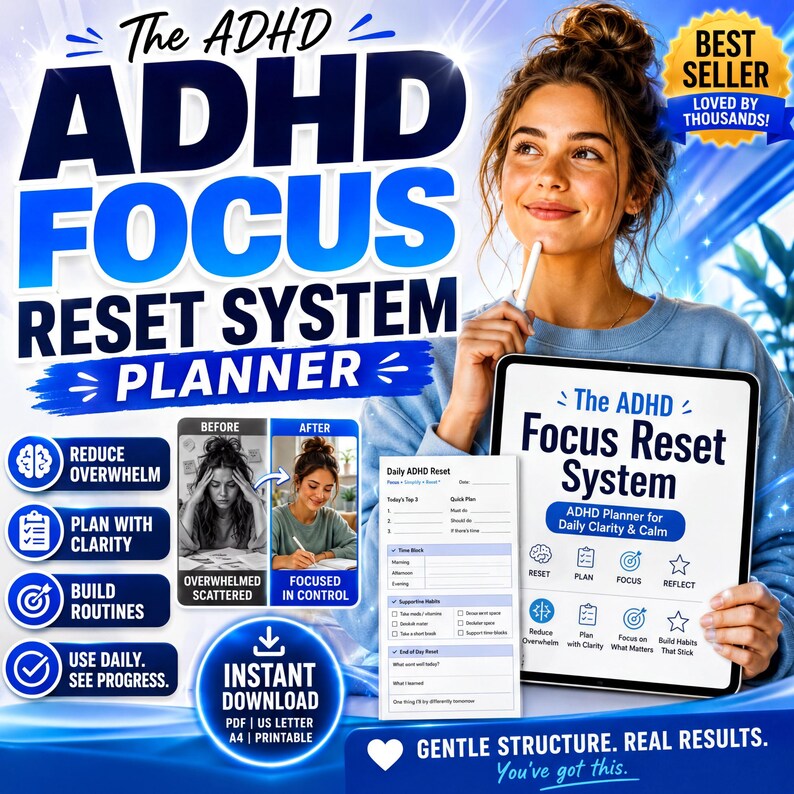 a woman holding up a sign that says adhd focus rest system planner