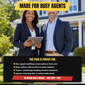 a smiling woman and a man standing in front of a house, with a sign above them that says "Made for Busy Agents".