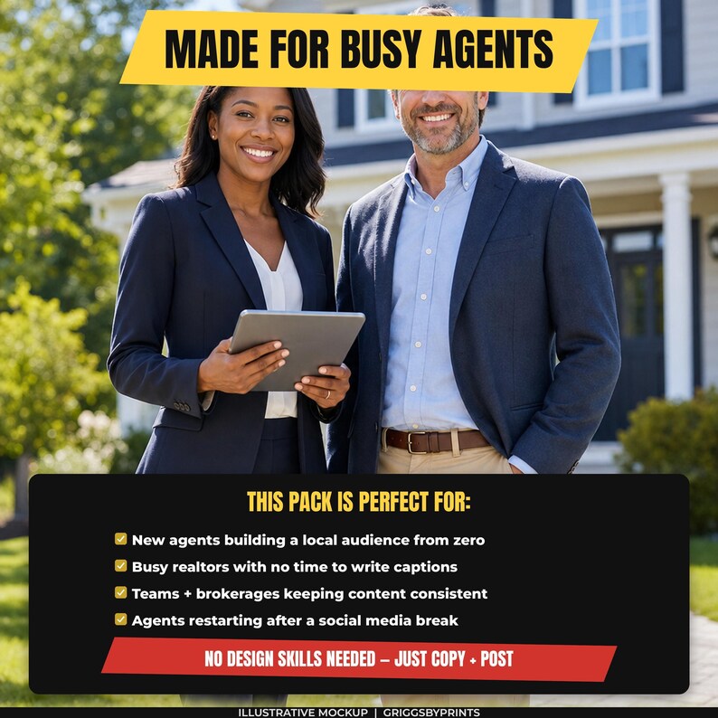 a smiling woman and a man standing in front of a house, with a sign above them that says "Made for Busy Agents".