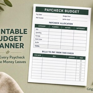 a "Printable Budget Planner" that allows users to plan and manage their paychecks. The planner includes a "Paycheck Budget" section for tracking paychecks, a "Paycheck Allocation" section for organizing payments, and a "Bills to Pay From This Check" section for listing payments. The planner also includes a "Bill Due Date" and "Bill Amount" section for tracking payments and balances. The image is accompanied by a pen and a bowl, suggesting a workspace or home office setting.