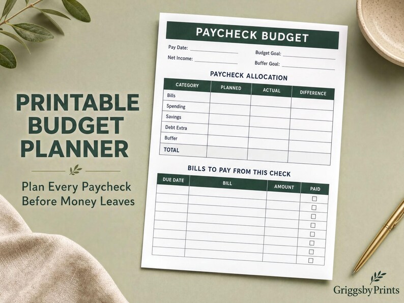 a "Printable Budget Planner" that allows users to plan and manage their paychecks. The planner includes a "Paycheck Budget" section for tracking paychecks, a "Paycheck Allocation" section for organizing payments, and a "Bills to Pay From This Check" section for listing payments. The planner also includes a "Bill Due Date" and "Bill Amount" section for tracking payments and balances. The image is accompanied by a pen and a bowl, suggesting a workspace or home office setting.