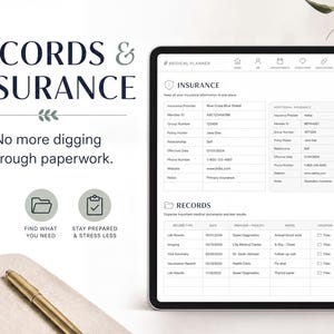 The image is an advertisement for a medical planner that offers records and insurance services. It features a tablet displaying a user interface with various options for organizing and accessing medical information, as well as a pen and a notebook on a desk.