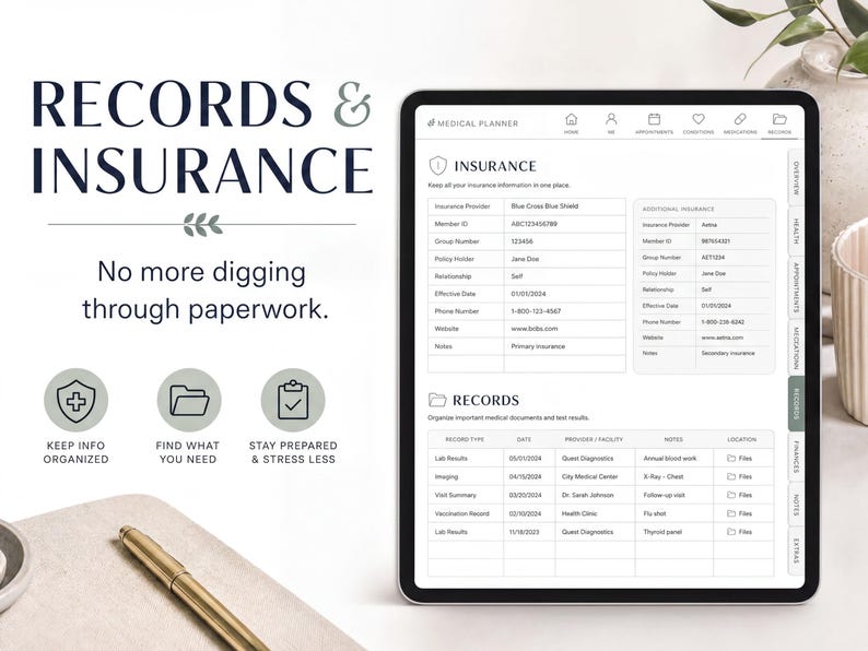 The image is an advertisement for a medical planner that offers records and insurance services. It features a tablet displaying a user interface with various options for organizing and accessing medical information, as well as a pen and a notebook on a desk.