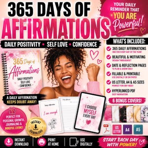 The image is an advertisement for a daily affirmation book and app that encourages users to practice self-love and confidence daily. It features a smiling woman with curly hair and a pink background, along with text and images promoting the book and app.