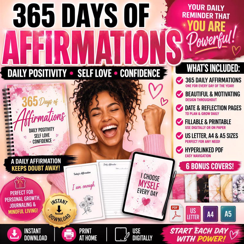 The image is an advertisement for a daily affirmation book and app that encourages users to practice self-love and confidence daily. It features a smiling woman with curly hair and a pink background, along with text and images promoting the book and app.