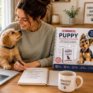 A woman is sitting at a desk with a laptop, a notebook, and a mug, while a small dog is sitting next to her. The desk also has a book titled "30 Day Puppy Training Planner" and a plant.