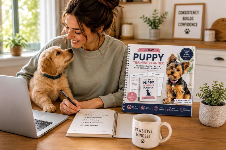 A woman is sitting at a desk with a laptop, a notebook, and a mug, while a small dog is sitting next to her. The desk also has a book titled "30 Day Puppy Training Planner" and a plant.