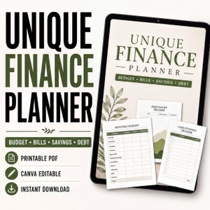 The image is an advertisement for a unique finance planner that includes a tablet, a printed budget template, and a printed monthly budget template.