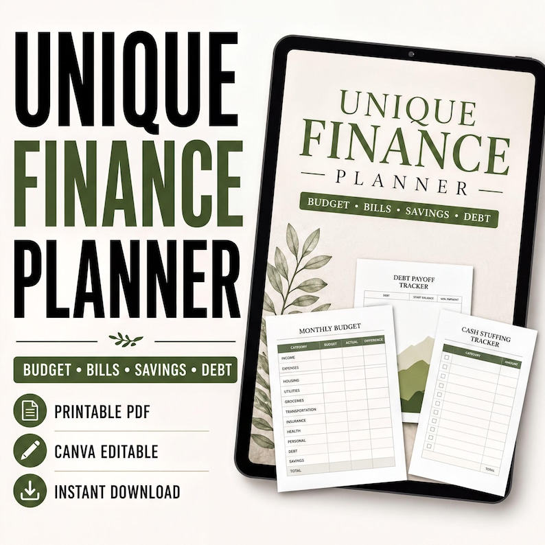 The image is an advertisement for a unique finance planner that includes a tablet, a printed budget template, and a printed monthly budget template.