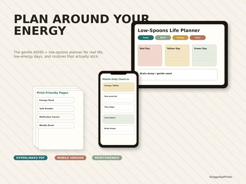 The image is a promotional graphic for a low-energy life planner called "The gentle ADHD + low-spoons planner for real life, low-energy days, and routines that actually stick". The image includes a mobile version of the life planner and a print-friendly version, both with a clean and simple design.
