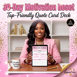 A woman in a pink jacket is sitting at a desk, holding a tablet displaying a motivation dashboard, with a mug and a pen in front of her.