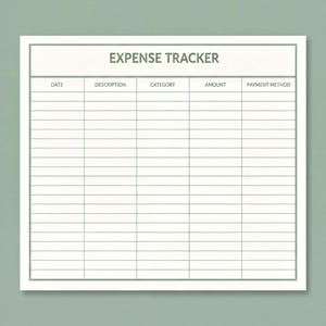 The image is a white sheet of paper with a title "Expense Tracker" at the top, and it appears to be a budgeting tool with columns for recording dates, descriptions, categories, amounts, and payment methods.