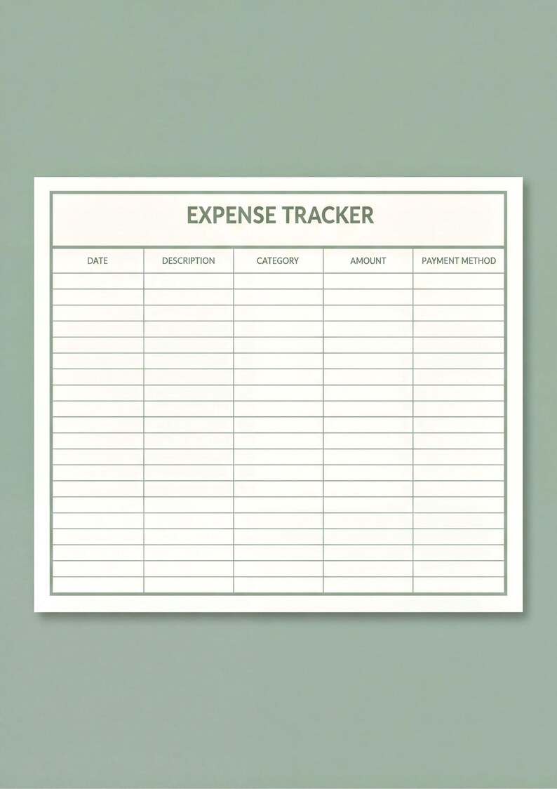 The image is a white sheet of paper with a title "Expense Tracker" at the top, and it appears to be a budgeting tool with columns for recording dates, descriptions, categories, amounts, and payment methods.