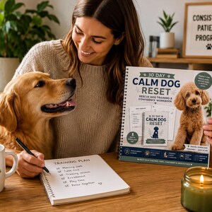 A woman sits at a table with a golden retriever dog, holding a book titled "30 Day Calm Dog Reset" and a notebook with a training plan. The table also has a candle, a mug, and a plant.