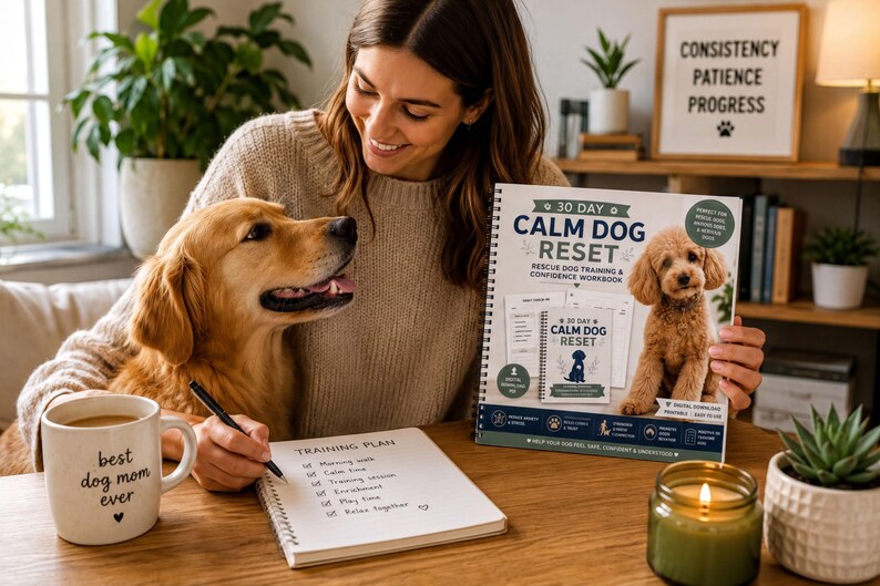 A woman sits at a table with a golden retriever dog, holding a book titled "30 Day Calm Dog Reset" and a notebook with a training plan. The table also has a candle, a mug, and a plant.