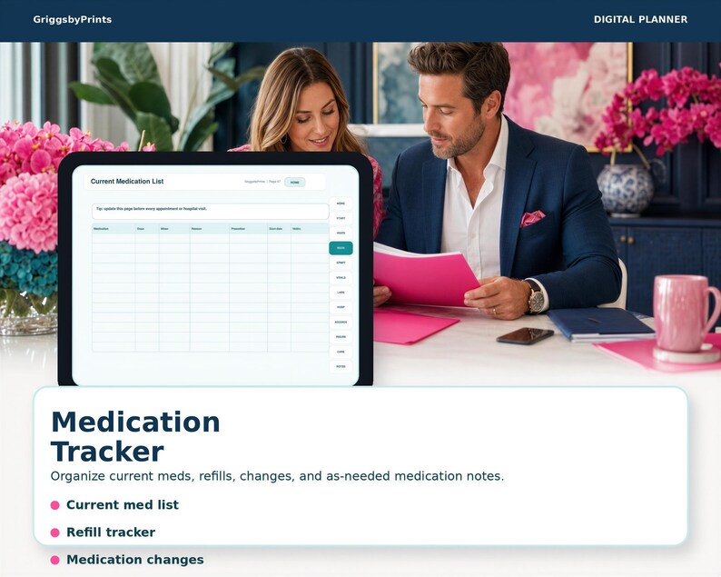A man and a woman are sitting at a desk, looking at a tablet displaying a medication tracker application. The tablet is placed on a table with various items such as a vase, a cup, and a book. The image also includes text that describes the medication tracker app, which helps users organize their current medications, refill lists, and medication changes.
