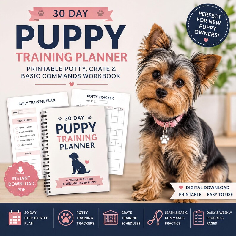 The image is an advertisement for a 30-day puppy training planner, featuring a small dog sitting on a wooden surface. The puppy is wearing a pink collar and appears to be looking at the camera. The background includes a plant and a calendar, suggesting a home or office setting.