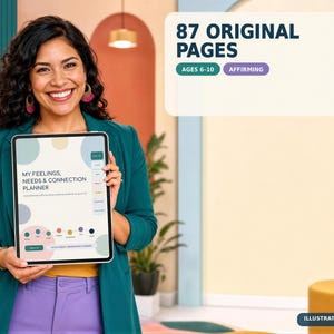 A woman is holding a tablet displaying a colorful and visually appealing app, with a bright and cheerful background.