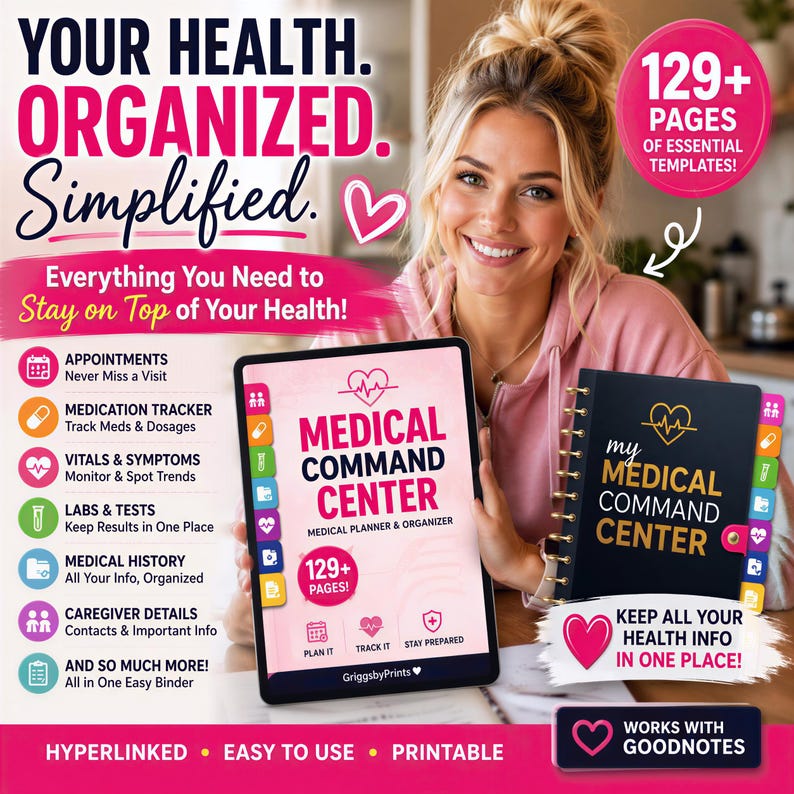a smiling woman holding a tablet device, with text promoting a medical organization app called "Medical Command Center".