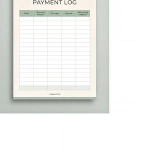 The image is a blank payment log form with columns for date, payment amount, principal amount, interest, and remaining balance.