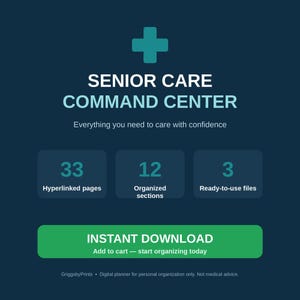 The image is a promotional graphic for a senior care command center, featuring a blue background with a green cross symbol and text providing information about the center.