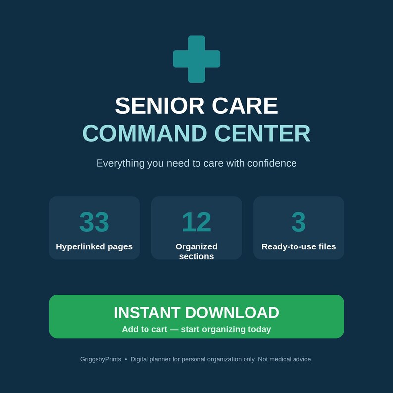 The image is a promotional graphic for a senior care command center, featuring a blue background with a green cross symbol and text providing information about the center.
