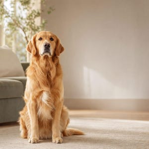 A golden retriever dog sits attentively on a carpeted floor, its gaze fixed on the camera.