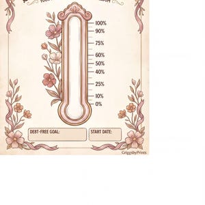 The image is a Debt Payoff Thermometer, which is a tool used to track and manage debt payments. It features a thermometer-like design with a goal for Debt-Free Goal and a start date.