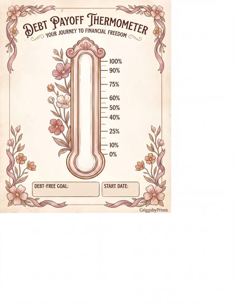 The image is a Debt Payoff Thermometer, which is a tool used to track and manage debt payments. It features a thermometer-like design with a goal for Debt-Free Goal and a start date.