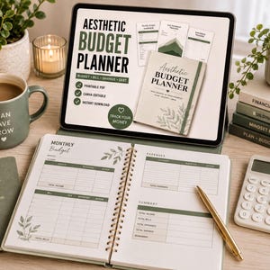 a workspace with various items related to budgeting and financial planning. There is a tablet with a budget planner app, a notebook with a Monthly Budget worksheet, a mug, a calculator, and several books. The scene suggests a focus on personal finance and organization.