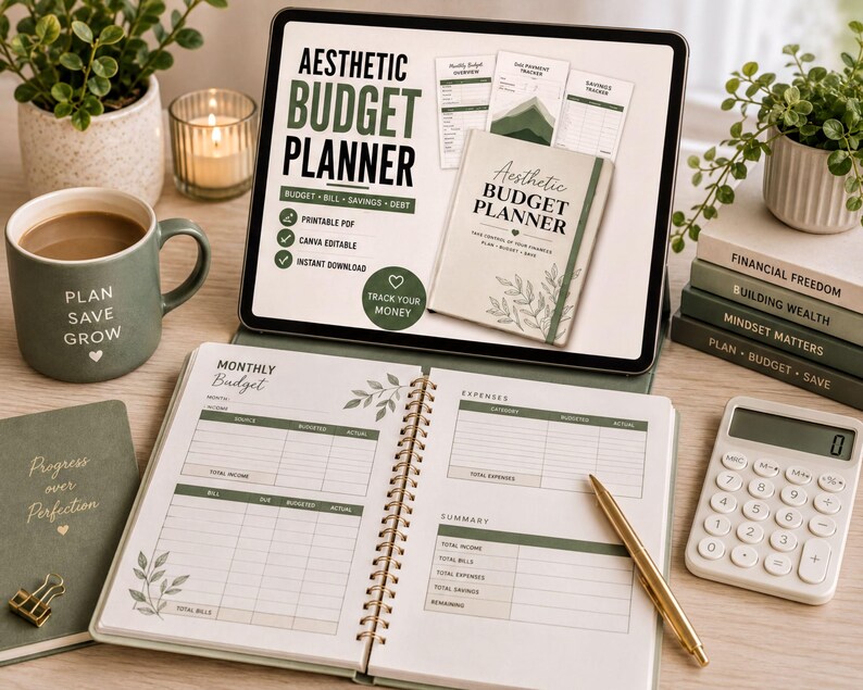 a workspace with various items related to budgeting and financial planning. There is a tablet with a budget planner app, a notebook with a Monthly Budget worksheet, a mug, a calculator, and several books. The scene suggests a focus on personal finance and organization.