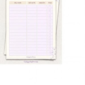 The image is a bill tracking form with fields for bill name, due date, amount, and payment status.