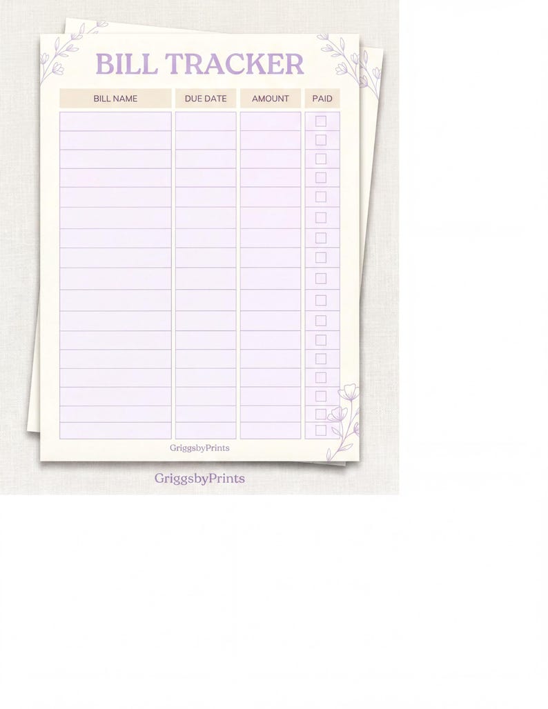 The image is a bill tracking form with fields for bill name, due date, amount, and payment status.